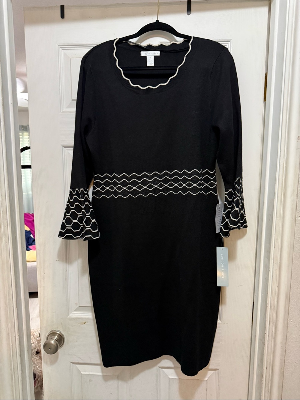 London Times Black Midi Dress with White Trim